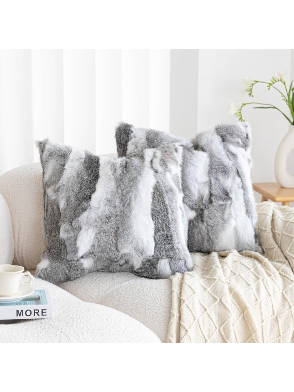 Luxury Rabbit Fur Throw Pillow Covers Set of 2, Soft Fluffy Cushion Cases 18x18
